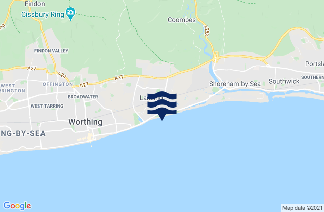 Mapa da tábua de marés em South Lancing Beach, United Kingdom