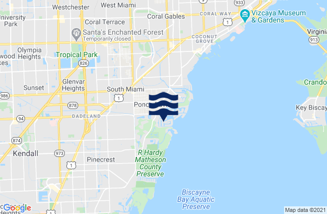 Mapa da tábua de marés em South Miami, United States
