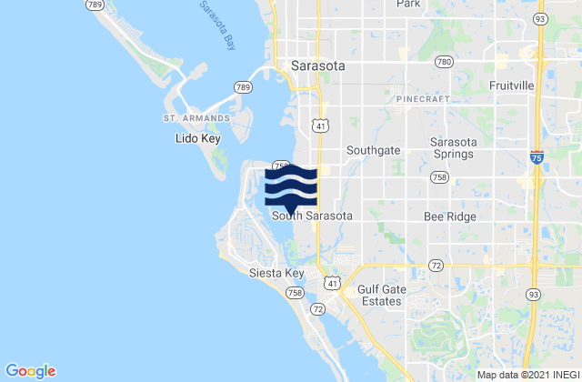 Mapa da tábua de marés em South Sarasota, United States