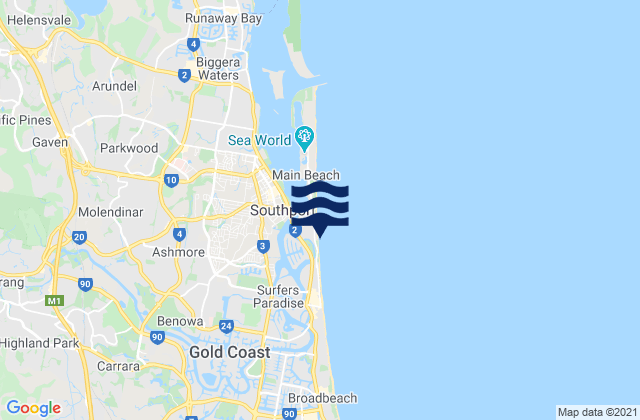 Mapa da tábua de marés em Southport Main Beach, Australia