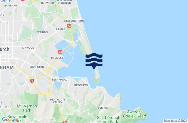 Mapa da tábua de marés em Southshore Spit Beach, New Zealand