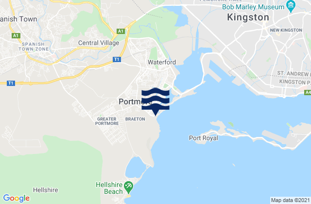 Mapa da tábua de marés em Spanish Town, Jamaica