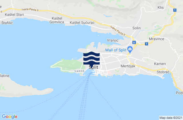 Mapa da tábua de marés em Split, Croatia