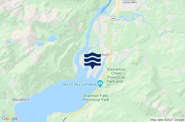 Mapa da tábua de marés em Squamish, Canada