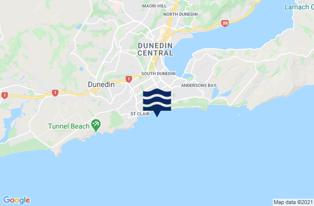 Mapa da tábua de marés em St Clair Beach Dunedin, New Zealand