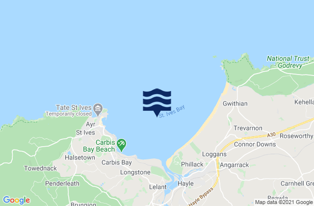 Mapa da tábua de marés em St Ives Bay Beach, United Kingdom