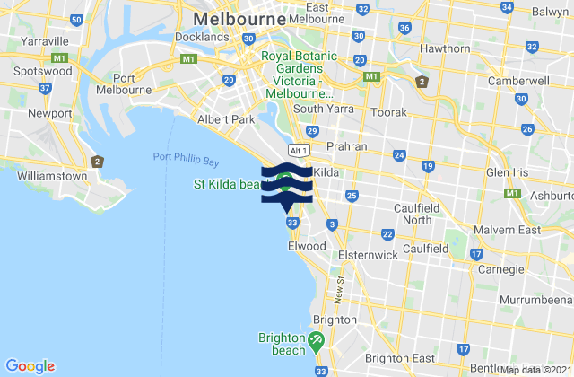 Mapa da tábua de marés em St Kilda East, Australia