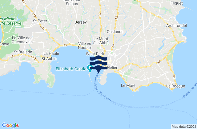 Mapa da tábua de marés em St. Helier, France