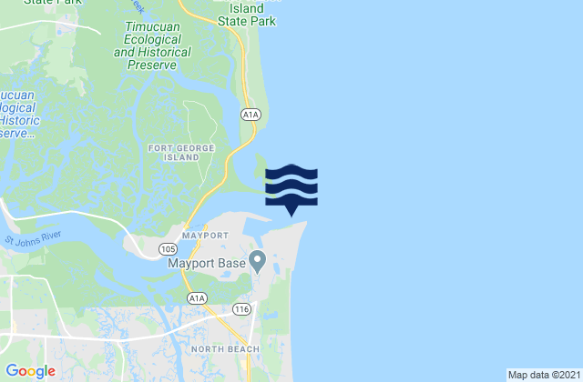 Mapa da tábua de marés em St. Johns Bar Cut 0.7 n.mi. east of jetties, United States
