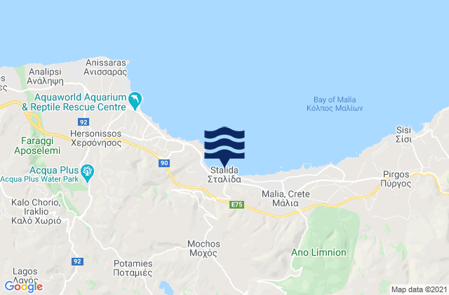 Mapa da tábua de marés em Stalís, Greece