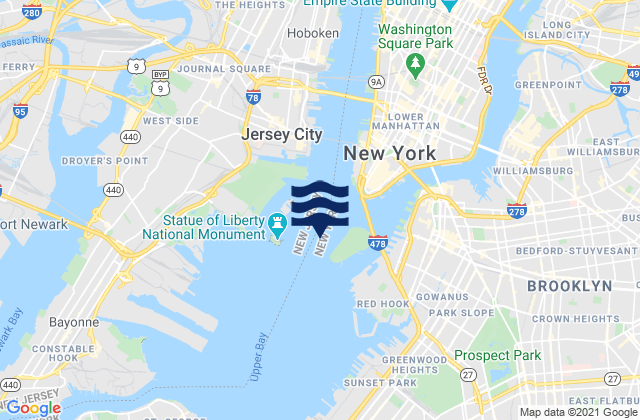 Mapa da tábua de marés em Statue of Liberty east of, United States