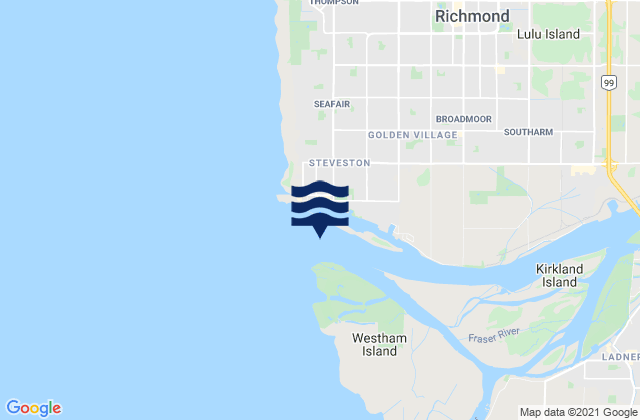 Mapa da tábua de marés em Steveston Bar, Canada