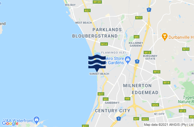 Mapa da tábua de marés em Sunset Beach, South Africa
