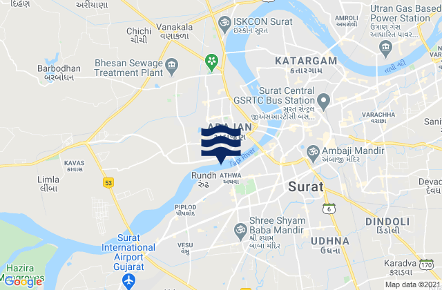 Mapa da tábua de marés em Surat, India
