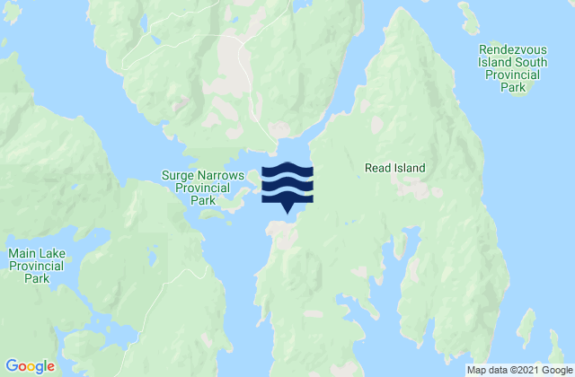 Mapa da tábua de marés em Surge Narrows, Canada