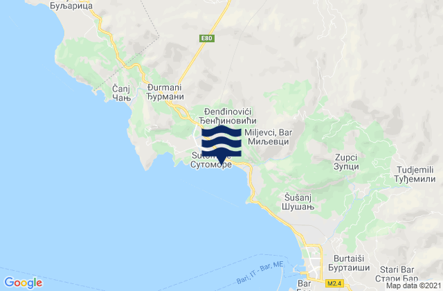 Mapa da tábua de marés em Sutomore, Montenegro
