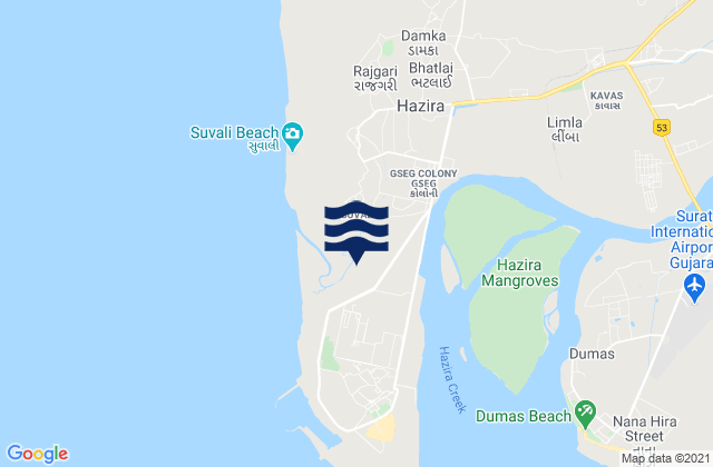 Mapa da tábua de marés em Suvali, India