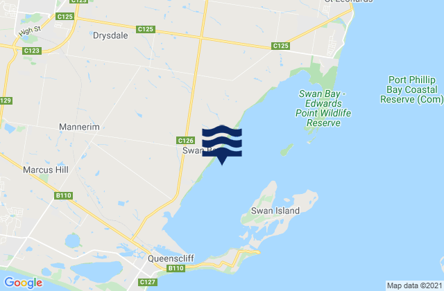 Mapa da tábua de marés em Swan Bay, Australia