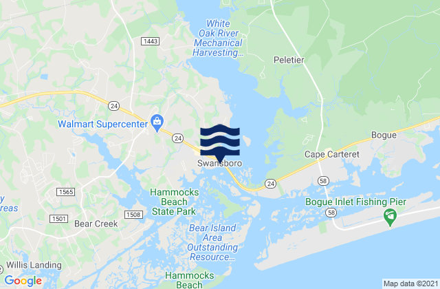 Mapa da tábua de marés em Swansboro, United States