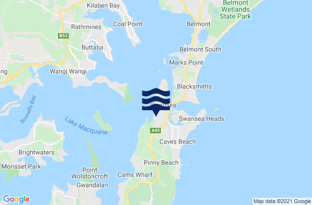 Mapa da tábua de marés em Swansea Beach, Australia