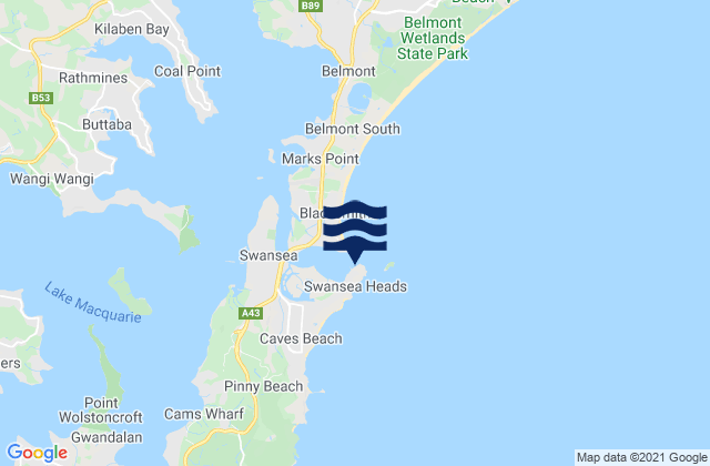 Mapa da tábua de marés em Swansea, Australia