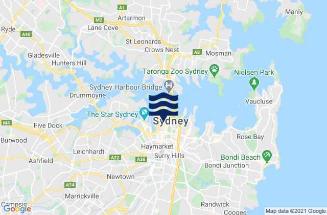 Mapa da tábua de marés em Sydney, Australia
