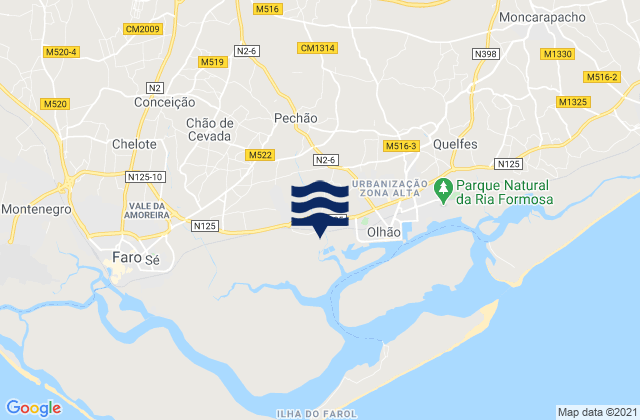 Mapa da tábua de marés em São Brás de Alportel, Portugal