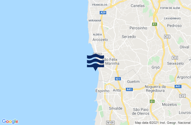 Mapa da tábua de marés em São Félix da Marinha, Portugal