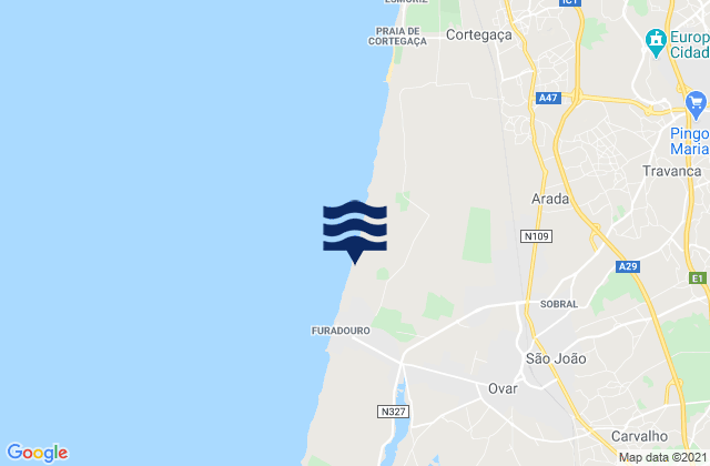 Mapa da tábua de marés em São João, Portugal