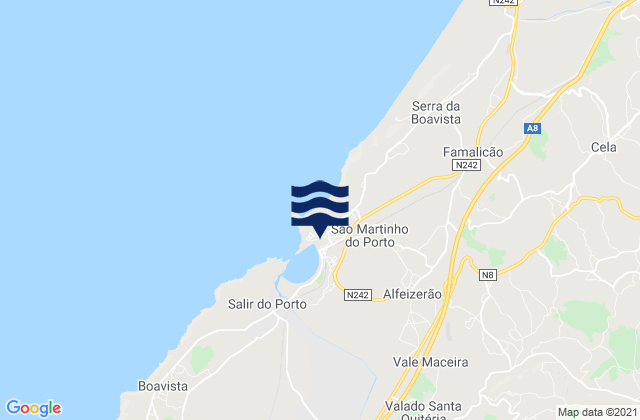 Mapa da tábua de marés em São Martinho do Porto, Portugal