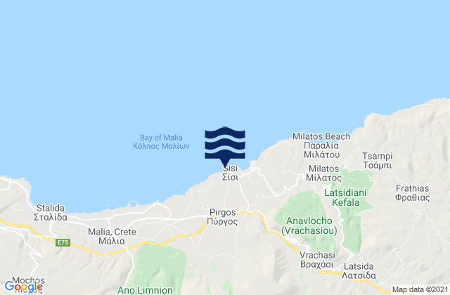 Mapa da tábua de marés em Sísion, Greece