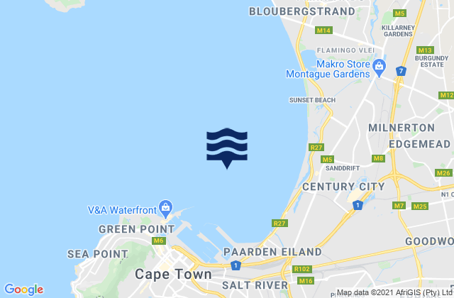 Mapa da tábua de marés em Table Bay, South Africa
