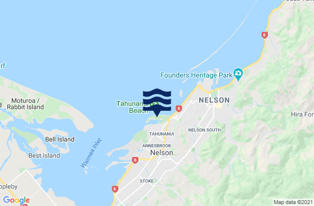 Mapa da tábua de marés em Tahunanui Beach, New Zealand