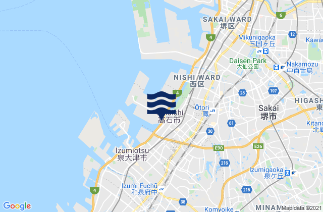 Mapa da tábua de marés em Takaishi, Japan