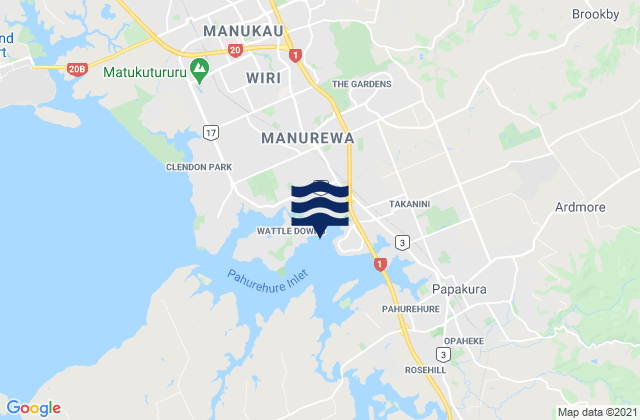 Mapa da tábua de marés em Takanini, New Zealand