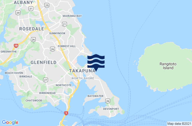 Mapa da tábua de marés em Takapuna Beach, New Zealand