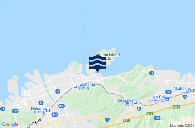 Mapa da tábua de marés em Takihama Hiuchi Nada, Japan