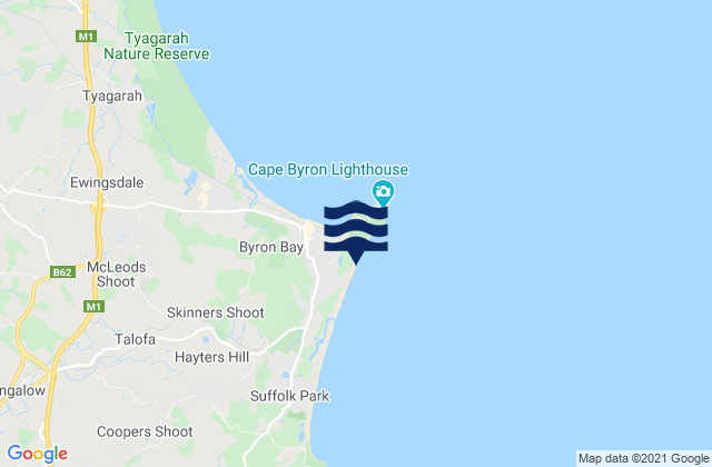 Mapa da tábua de marés em Tallows Beach, Australia