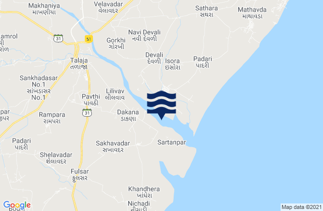 Mapa da tábua de marés em Talāja, India