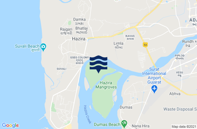 Mapa da tábua de marés em Tapi River, India