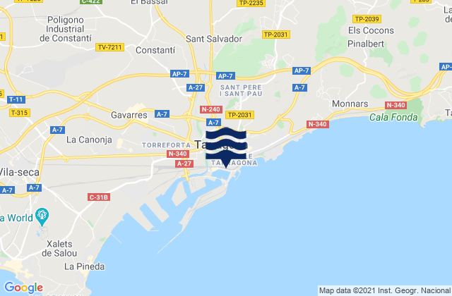 Mapa da tábua de marés em Tarragona, Spain
