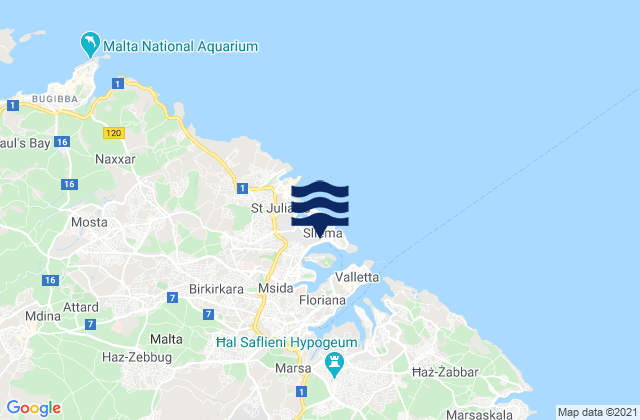 Mapa da tábua de marés em Tas-Sliema, Malta