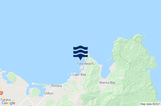 Mapa da tábua de marés em Tata Beach, New Zealand
