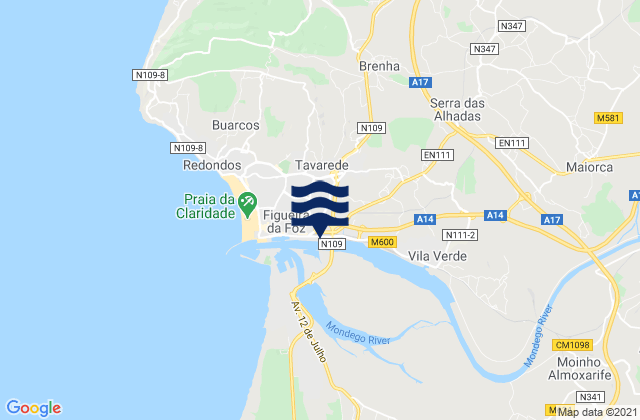 Mapa da tábua de marés em Tavarede, Portugal