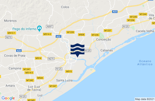 Mapa da tábua de marés em Tavira, Portugal