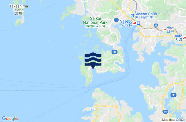 Mapa da tábua de marés em Tawaragauracho, Japan