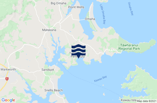 Mapa da tábua de marés em Tawharanui Peninsula Auckland, New Zealand