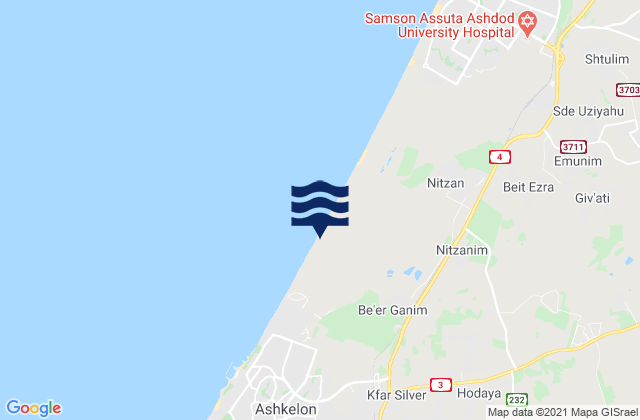 Mapa da tábua de marés em Tayelet Ashkelon, Israel