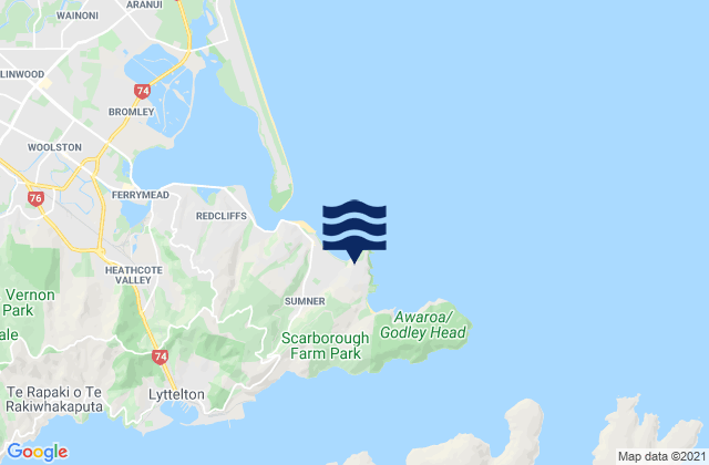 Mapa da tábua de marés em Taylors Mistake, New Zealand