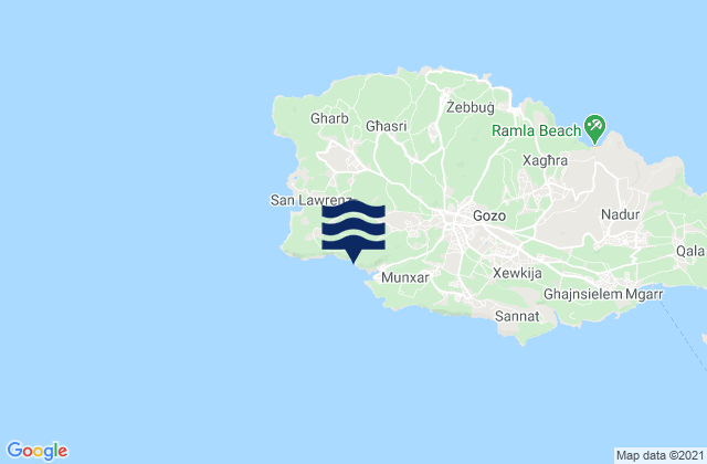Mapa da tábua de marés em Ta’ Kerċem, Malta